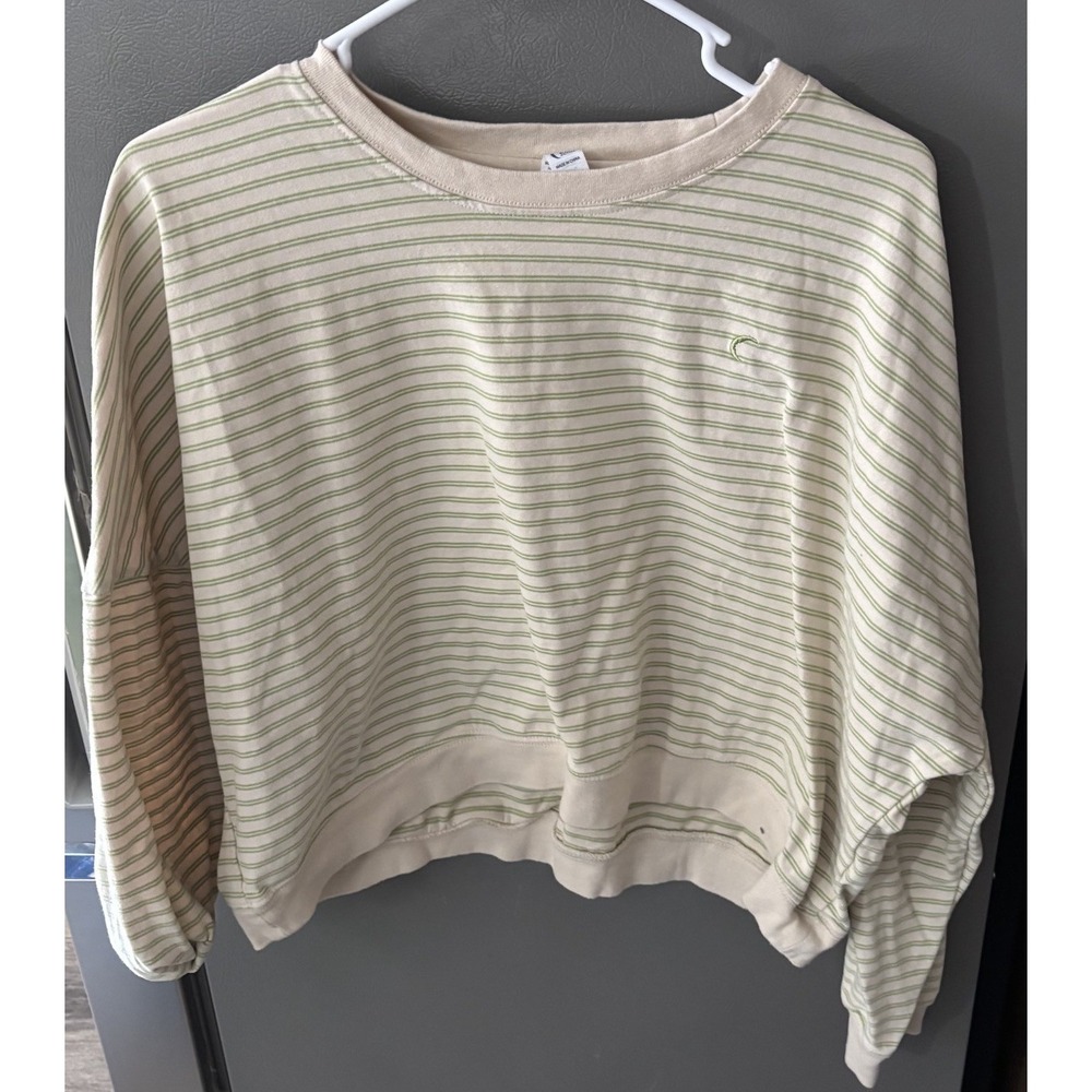 Zyia‎ Crop Sweatshirt XL Cream Kiwi Striped Moon 100% Cotton Oversized Soft